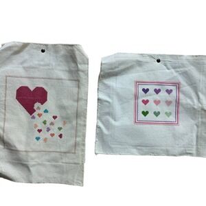 Lot of 2 Handmade Cross Stitch Heart Themed Square Artwork Ready to Frame Art
